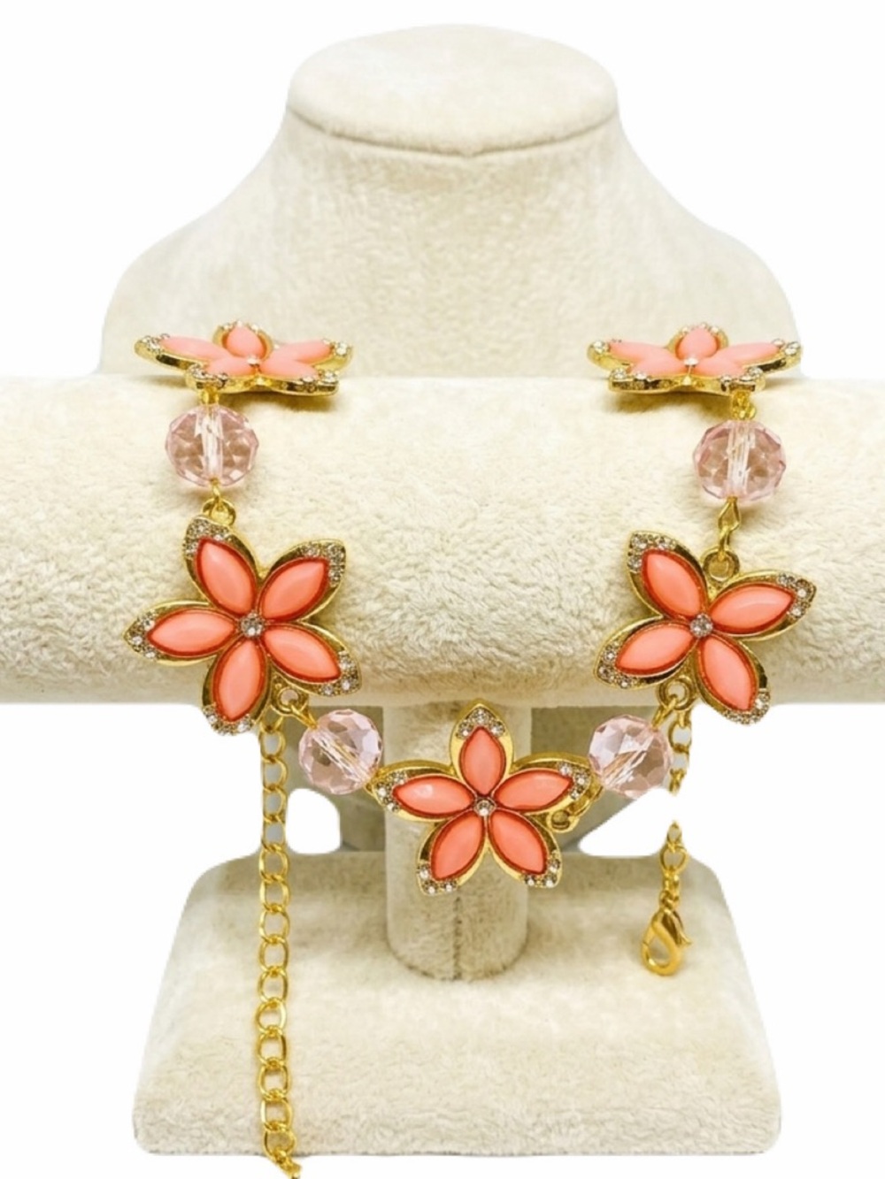 New Handmade Pink Sapphire & Quartz Crystal Flower Floral 10k Gold Bracelet